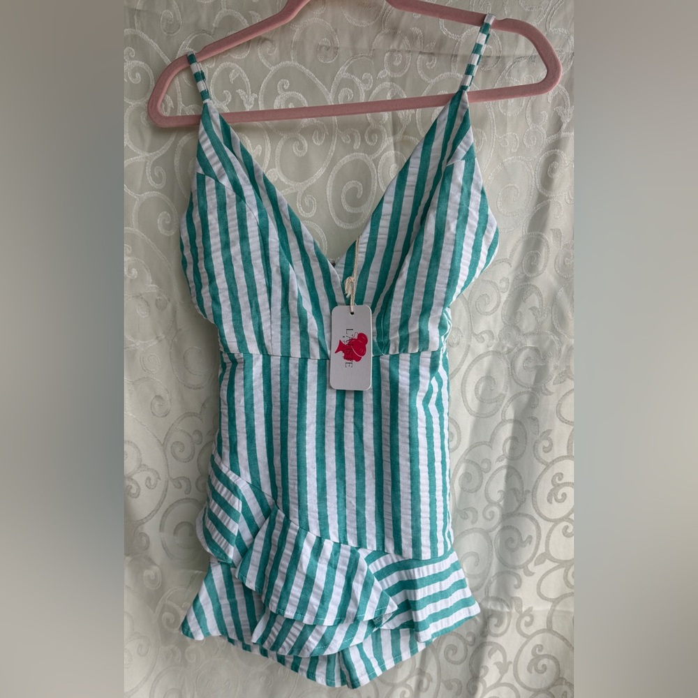 L'ATISTE Blue and White Striped Romper Dress